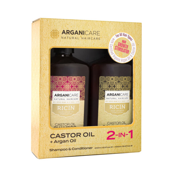 Set Sampon & Balsam pentru Stimularea Cresterii Parului, cu Ulei de Ricin si Argan, Arganicare, 400 mlx2
