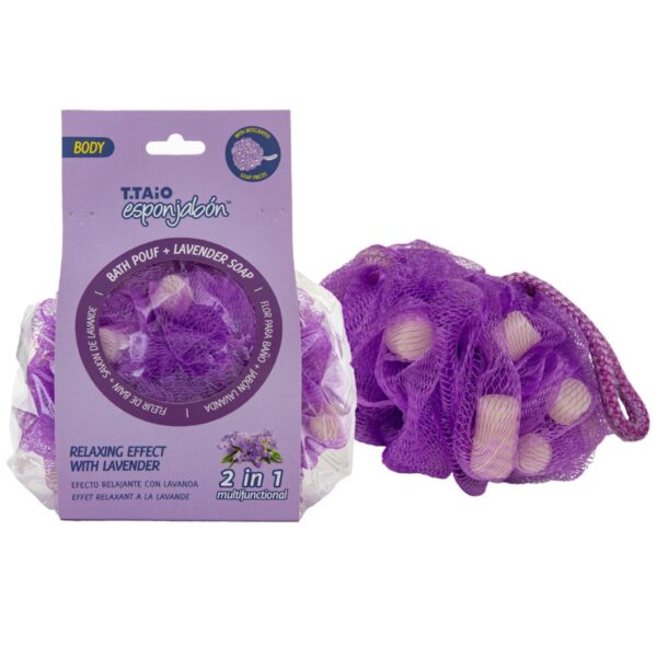 2 in 1 Burete de dus cu plasa exfolianta si sapun incorporat, cu parfum de lavanda, efect relaxant, Esponjabon, 1 buc