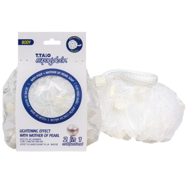 2 in 1 Burete de dus cu plasa exfolianta si sapun incorporat Mother of Pearls, efect iluminator, Esponjabon, 1 buc