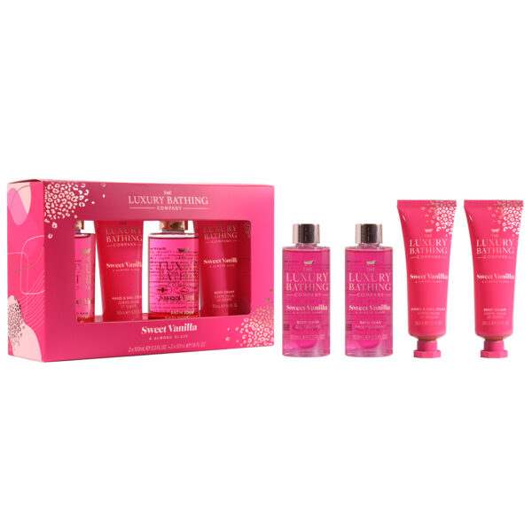 Set Cadou Top to Toe Essentials, Sweet Vanilla & Almond Glaze, Spuma de Baie, Gel de Dus, Crema Maini si Unghii, Crema Corp, The Luxury Bathing Company, 4 articole