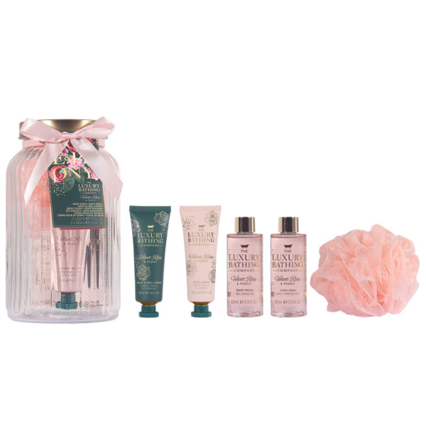 Set Cadou Pure Indulgence, Velvet Rose & Peony, Gel de Dus, Spuma de Baie, Crema Maini si Unghii, Crema Corp, Burete Exfoliant Corp, Borcan de Sticla Reutilizabil cu Capac, The Luxury Bathing Company, 5 articole