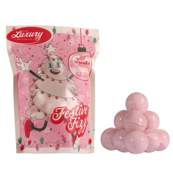 Set Cadou Festive Fizz, Candy Canes, Cocoa & Vanilla Swirl, Bile de Baie in Punga Printata Festiv, The Luxury Bathing Company, 10 x 15 g