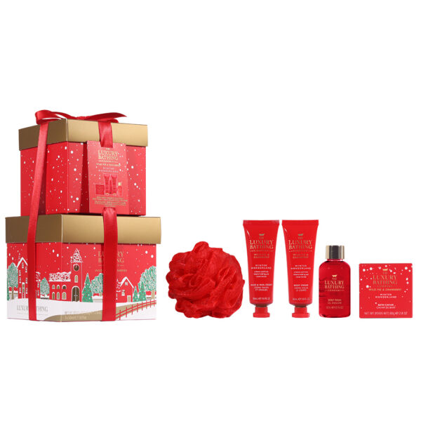 Set Cadou Complete Collection, Wild Fig & Cranberry, Gel de Dus, Crema Maini si Unghii, Crema Corp, Sare de Baie, Burete Exfoliant Corp, The Luxury Bathing Company, 5 articole