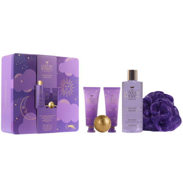 Set Cadou Sweet Dreams, Lavender, Gel de Dus, Crema Corp, Crema Maini si Unghii, Bila de Baie, Burete Exfoliant Corp, Cutie Metalica Reutilizabila cu Capac, The Luxury Bathing Company, 5 articole