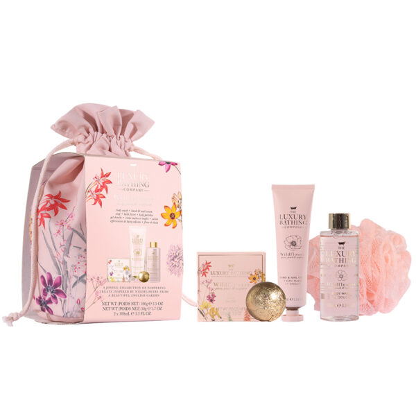 Set Cadou Weekend Essentials, Wildflowers, Peony, Peach & Raspberry, Gel de Dus, Crema Maini si Unghii, Sapun, Bila de Baie, Burete Exfoliant Corp, Saculet Printat Reutilizabil, The Luxury Bathing Company, 5 articole