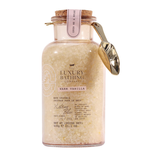 Cristale de Baie in Borcan de Sticla Reutilizabil Bathtime Bliss, Warm Vanilla, The Luxury Bathing Company, 600 g