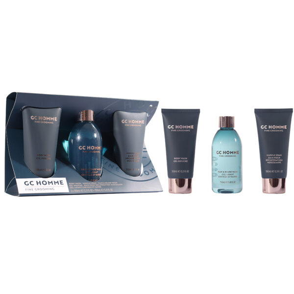 Set Cadou Daily Essentials, GC Homme Fine Grooming, Gel de Dus, Sampon pentru Par si Barba, Spuma de Baie pentru Relaxarea Muschilor, The Luxury Bathing Company, 3 articole