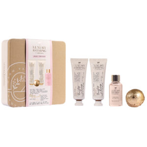 Set Cadou Relax & Unwind, Warm Vanilla, Crema Maini si Unghii, Crema Corp, Gel de Dus, Bila de Baie, Cutie Metalica cu Print si Capac, The Luxury Bathing Company, 4 articole