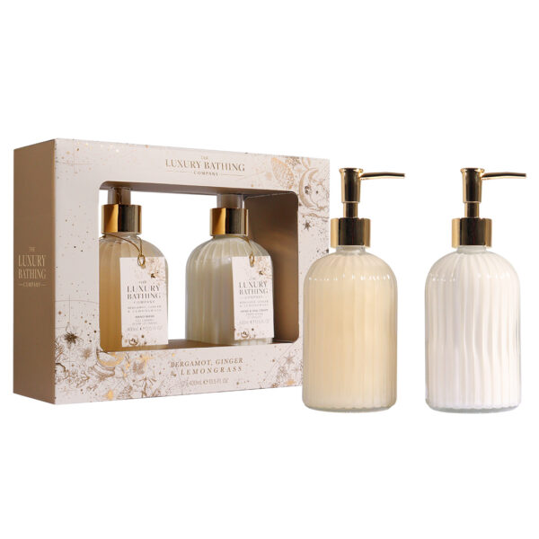 Set Cadou Heavenly Hands, Bergamot, Ginger & Lemongrass, Sapun Lichid, Crema Maini si Unghii, Borcan de Sticla Reutilizabil, The Luxury Bathing Company, 2 articole