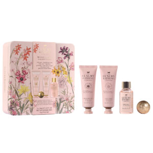 Set Cadou Relax & Unwind, Wildflowers, Peony, Peach & Raspberry, Crema Maini si Unghii, Crema Corp, Gel de Dus, Bila de Baie, Cutie Metalica cu Print si Capac, The Luxury Bathing Company,  4 articole