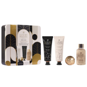 Set Cadou Dreamy, Sparkling Pear & Nectarine Blossom, Crema Maini si Unghii, Crema Corp, Gel de Dus, Bila de Baie, Cutie Metalica cu Print si Capac, The Luxury Bathing Company, 4 articole