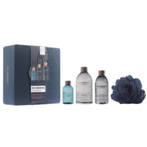 Set Cadou Freshen Up, GC Homme Fine Grooming, Sampon pentru Par si Barba, Spuma de Baie pentru Relaxarea Muschilor, Gel de Dus, Burete Exfoliant Corp, Cutie Metalica Reutilizabila cu Print, The Luxury Bathing Company, 4 articole