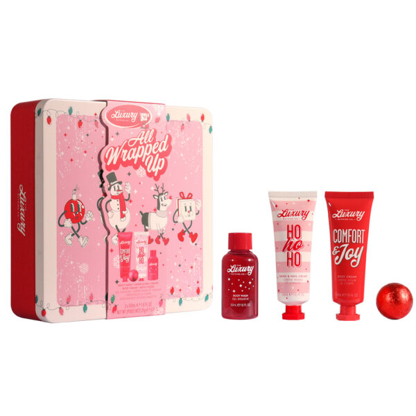 Set Cadou All Wrapped Up, Candy Canes, Cocoa & Vanilla Swirl, Crema Maini si Unghii, Crema Corp, Gel de Dus, Bila de Baie, Cutie Metalica Reutilizabila cu Print si Capac, The Luxury Bathing Company, 4 articole