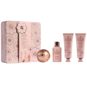 Set Cadou Relax & Unwind, Creme Brulee, Orange Blossom & Vanilla, Crema Maini si Unghii, Crema Corp, Gel de Dus, Bila de Baie, Cutie Metalica Reutilizabila, The Luxury Bathing Company, 4 articole