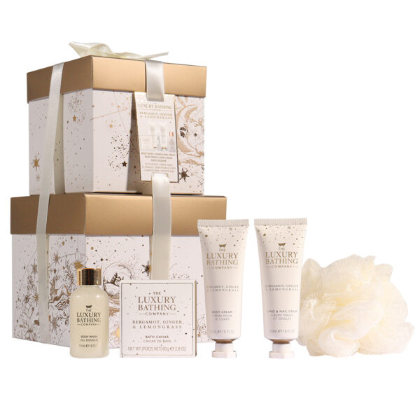 Set Cadou Complete Collection, Bergamot, Ginger & Lemongrass, Gel de Dus, Crema Maini si Unghii, Crema Corp, Sare de Baie, Burete Exfoliant Corp, The Luxury Bathing Company, 5 articole