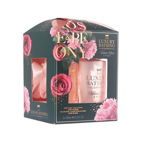 Set Cadou Glamorous Glow, Velvet Rose & Peony, Gel de Dus, Lotiune Corp, Burete Exfoliant Corp, The Luxury Bathing Company, 3 articole