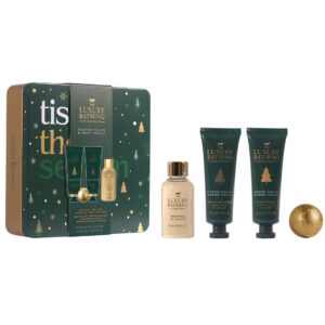 Set Cadou Tis the Season, Toasted Praline & Sweet Vanilla, Crema Maini si Unghii, Crema Corp, Gel de Dus, Bila de Baie, Cutie Metalica cu Print si Capac, The Luxury Bathing Company, 4 articole